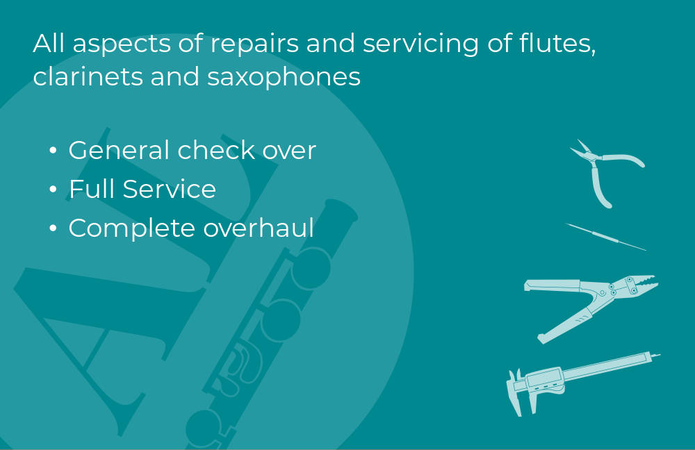 All aspects of repairs and servicing of flutes, clarinets and saxophones. General check over, Full Service, Complete overhaul.